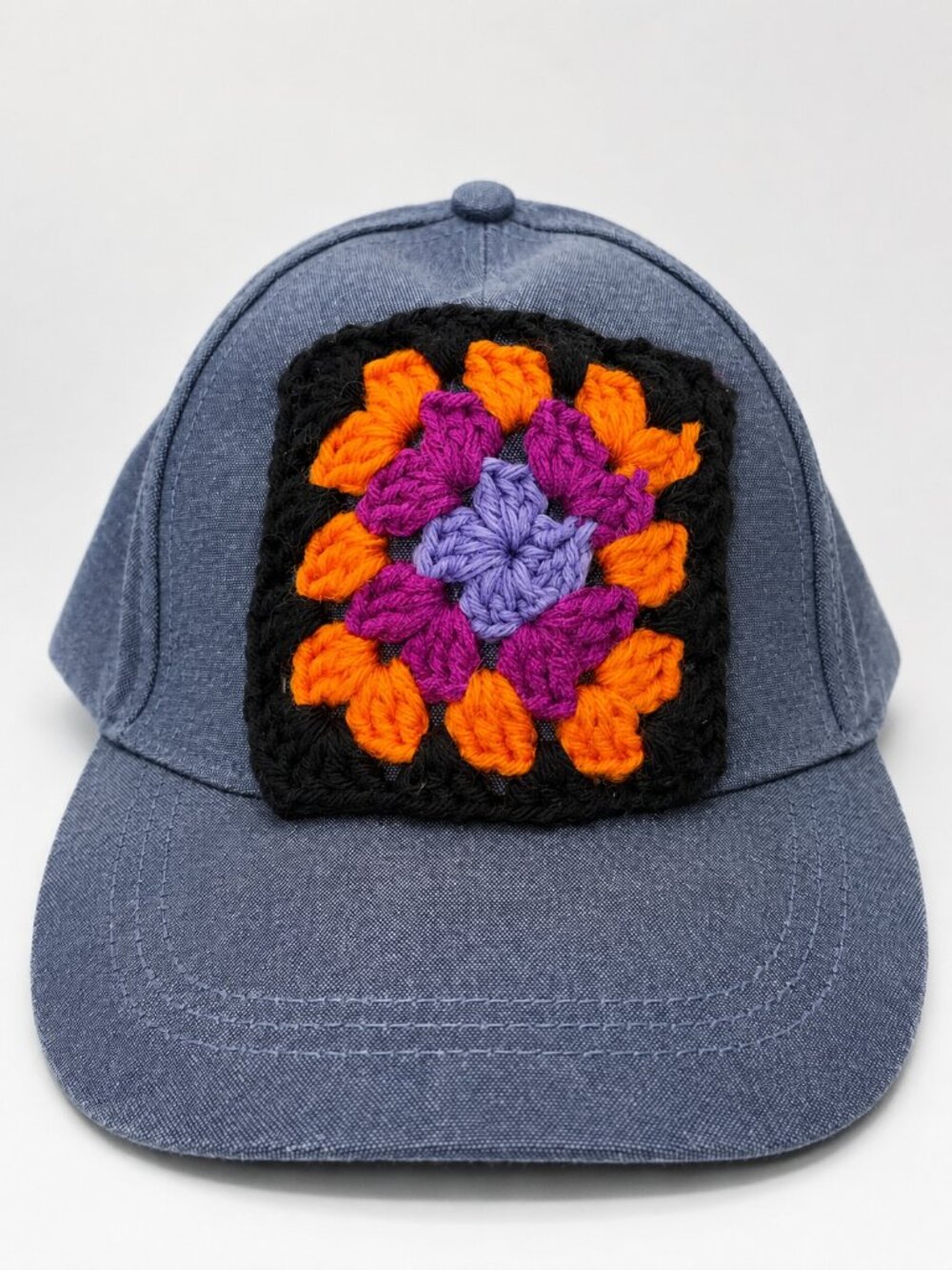 Handmade Denim Crochet Granny Square Baseball Cap Witchy Grunge Goth Trucker Hat
